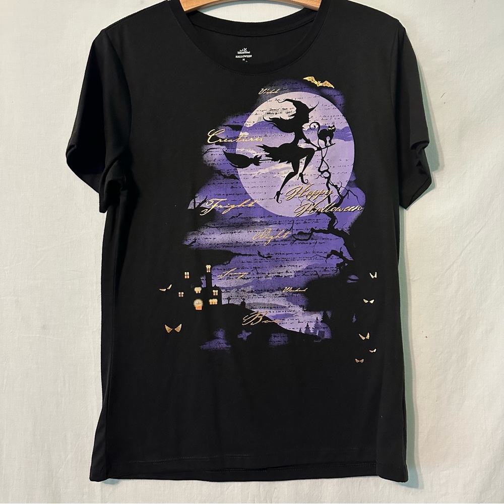 Halloween T-Shirt Women’s Medium (8-10) Black Purple Gold Script Witch Preowned